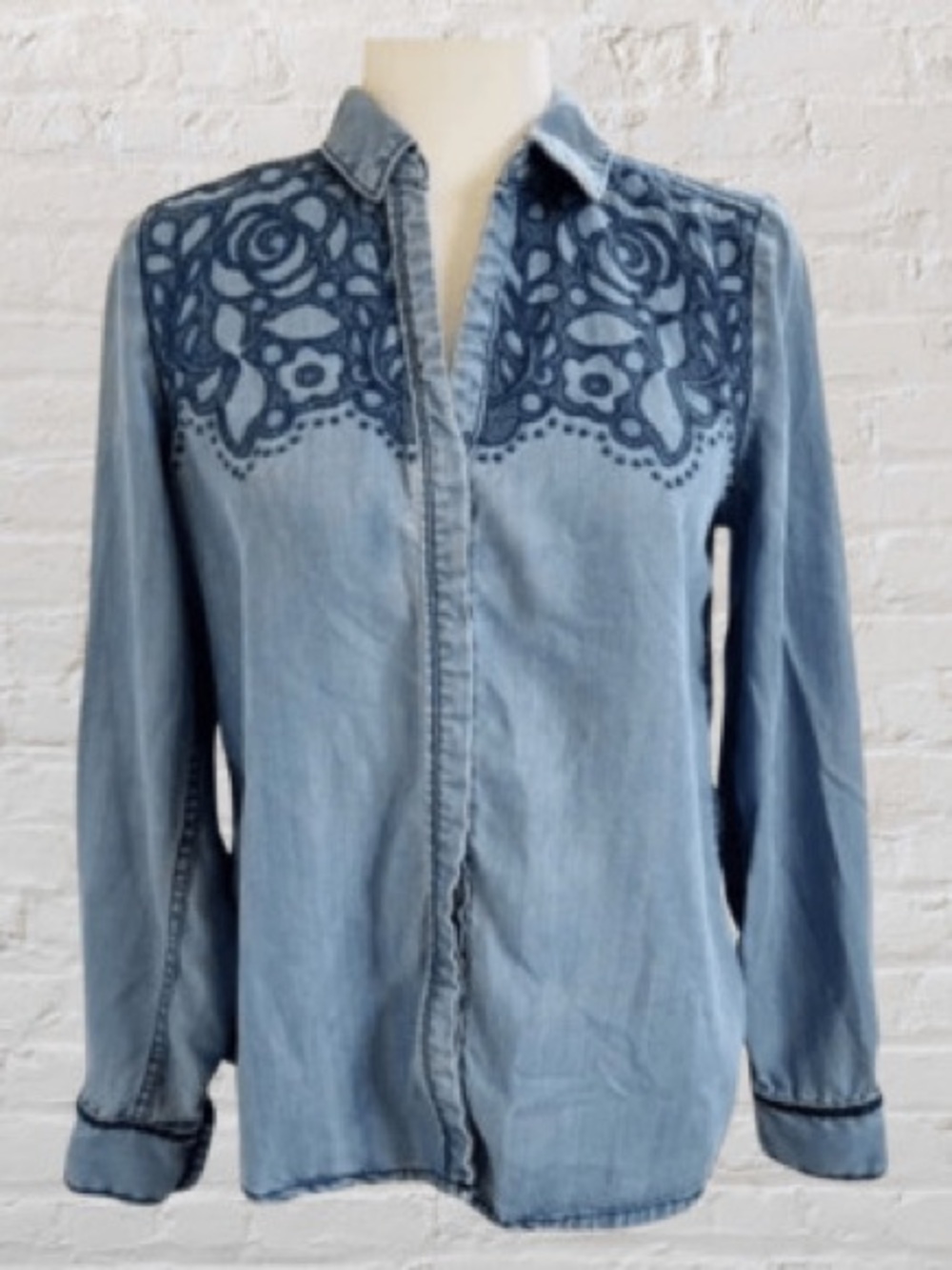 Anthropologie Light Blue Denim Button-Down with Dark Blue Floral Yoke
